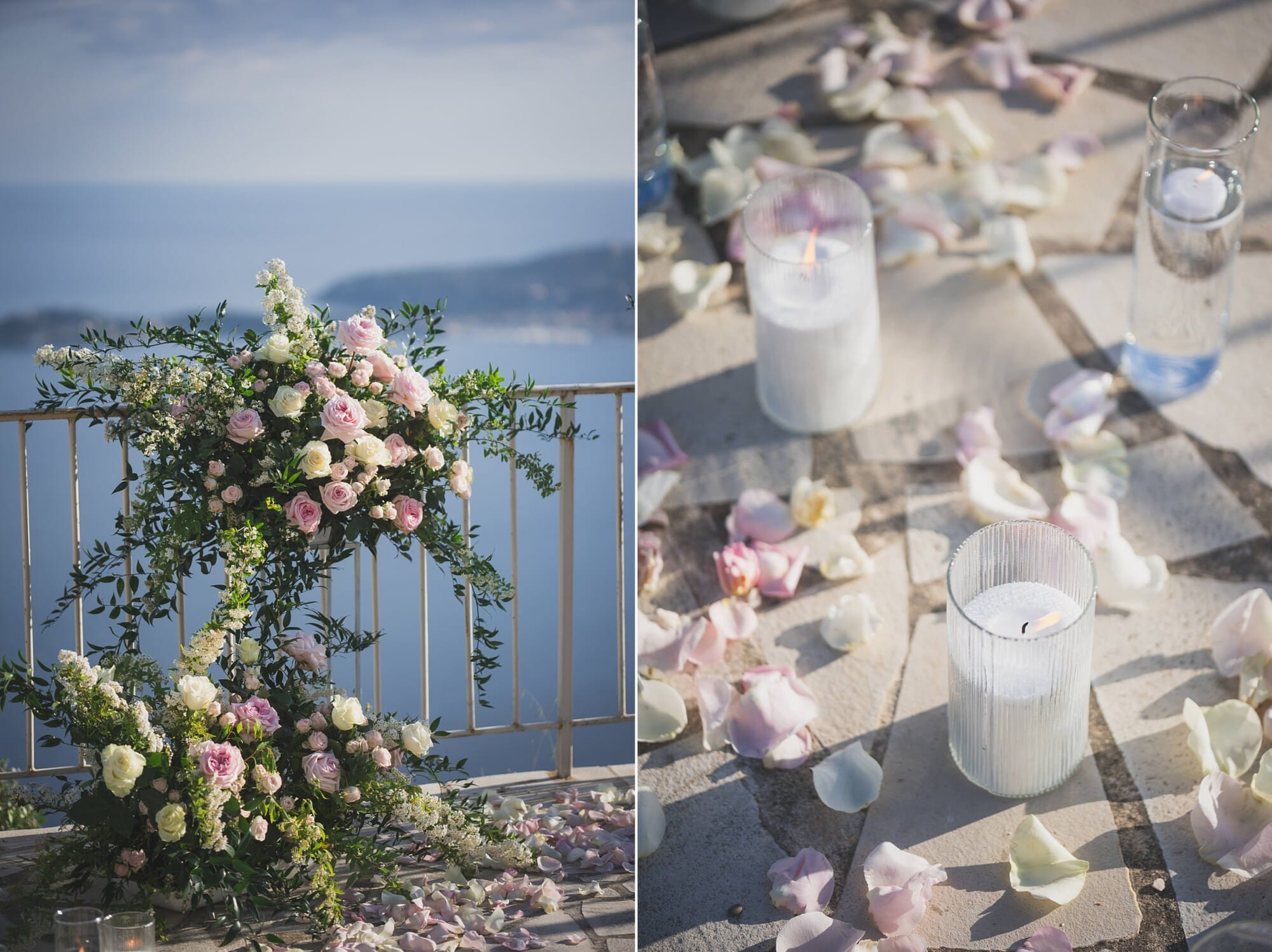 Eze Chateau Chevre d'or Proposal beautiful floral decoration and candlesProposal Planning & photography WildRoses
