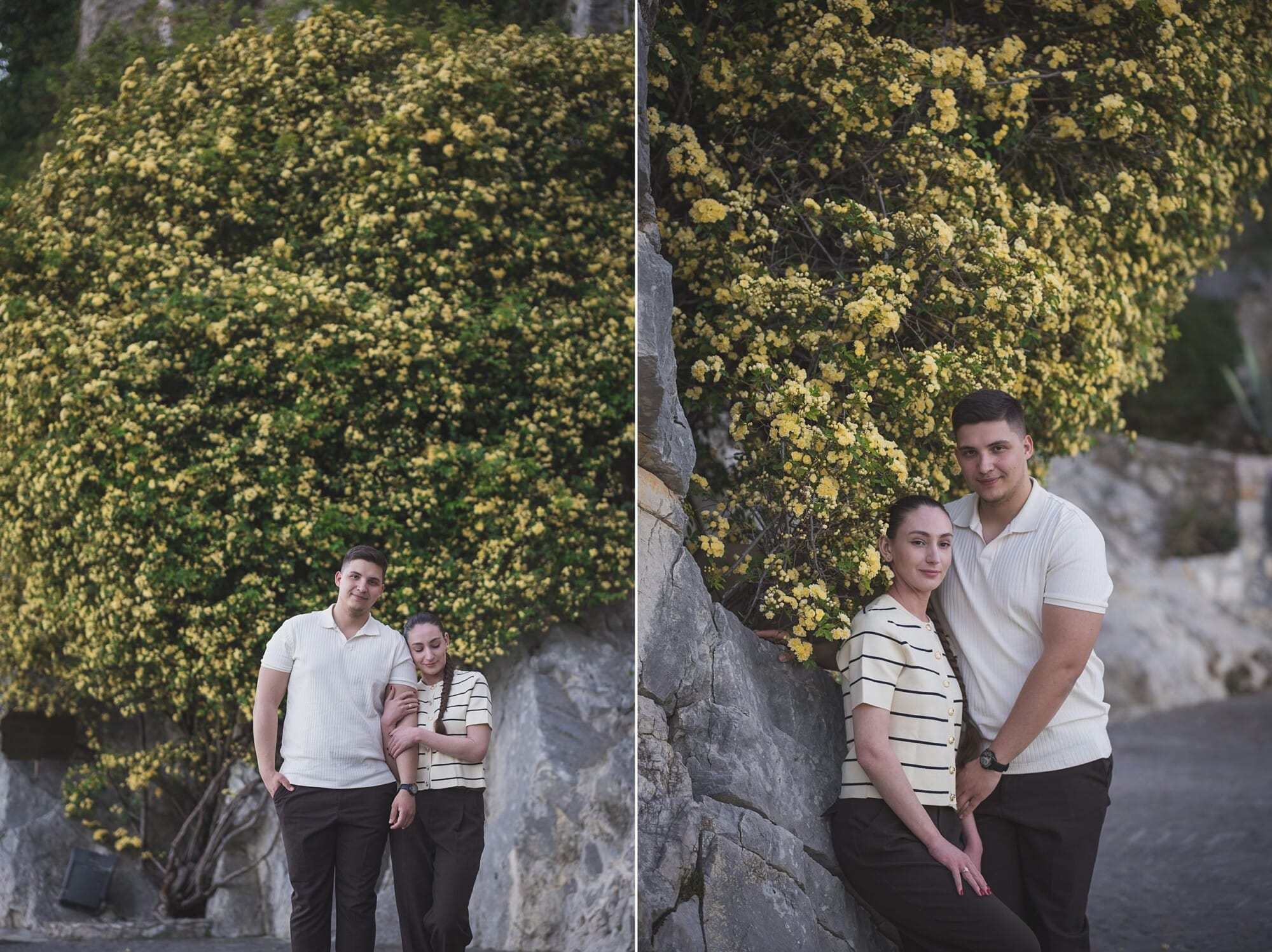 Eze Chateau Chevre d'or Proposal couple exploring the garden surrounded by banks rosesProposal Planning & photography WildRoses